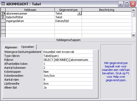 Het ontwerp van de kolom 'abonneenummer'