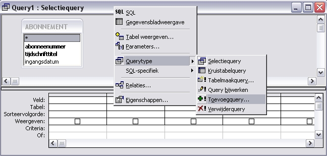 Kies voor het type 'Toevoegquery'