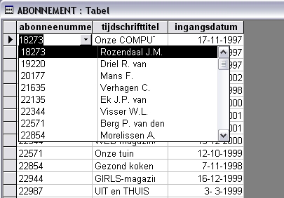 De keuzelijst van de kolom 'abonneenummer'