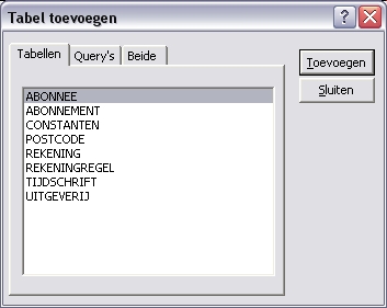 Selecteer de tabellen ABONNEE en ABONNEMENT