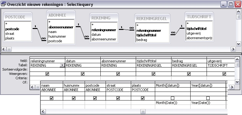 Het ontwerp van de query 'Overzicht nieuwe rekeningen'