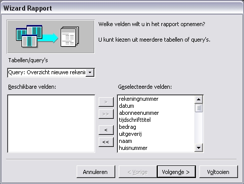 Selecteer alle velden van de query 'Overzicht nieuwe rekeningen'