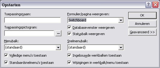 Het hoofdschakelbord automatisch laten verschijnen bij het openen van de database