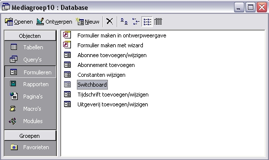 Het formulier Switchboard