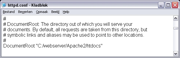 Zoek in het Apache httpd.conf bestand naar de regel, waarin de DocumentRoot staat