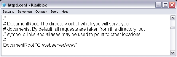 Wijzig de DocumentRoot in c:/webserver/www