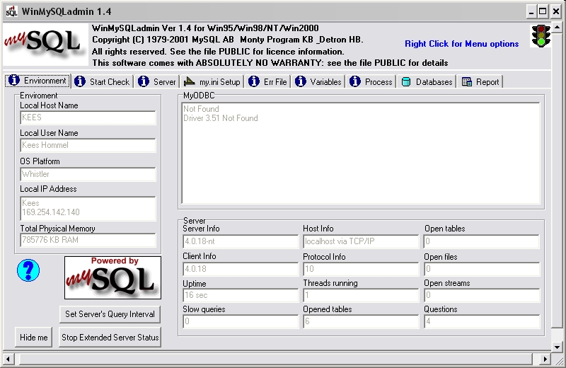 WinMySQLadmin geeft informatie over de database server