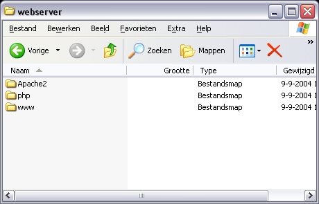 De map php is aangemaakt in c:\webserver