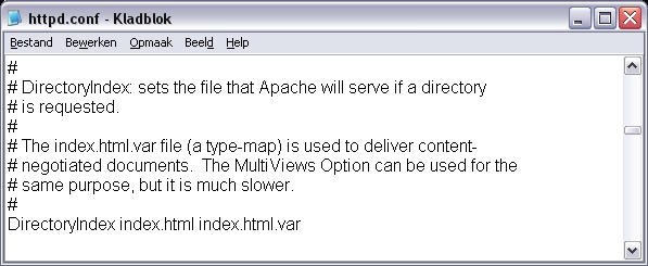 Zoek in het Apache httpd.conf bestand naar de regel, waarin de DirectoryIndex staat