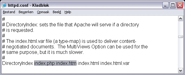 Voeg index.php en index.htm toe aan de DirectoryIndex