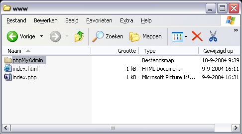 De map phpMyAdmin is aangemaakt in de map c:\webserver\www