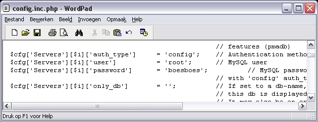 Vul het wachtwoord in in het configuratie bestand van phpMyAdmin