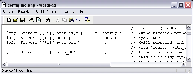 'auth_type' staat op 'config' en 'user' staat op 'root'