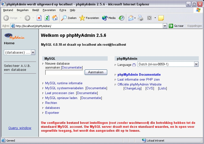 phpMyAdmin werkt, maar de MySQL server is niet beveiligd met een wachtwoord!