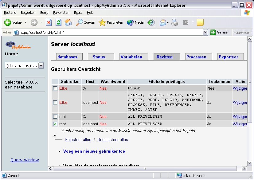 Welke gebruikers hebben rechten op de MySQL server>