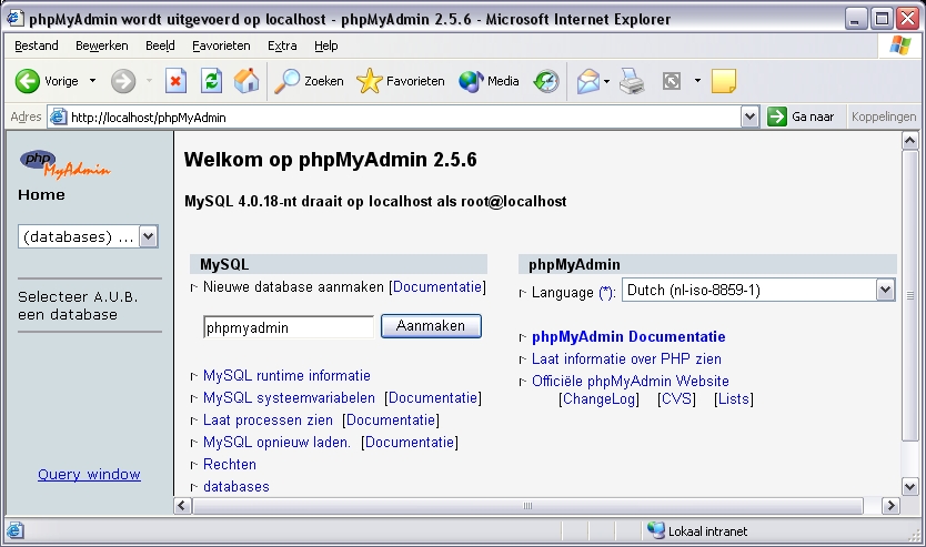 Maak een nieuwe database aan met de naam phpmyadmin