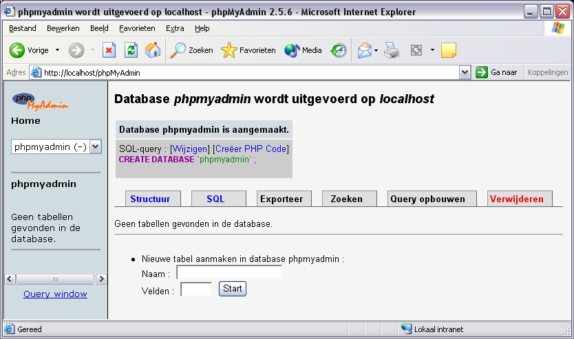 De database phpmyadmin is gemaakt, maar bevat nog geen tabellen