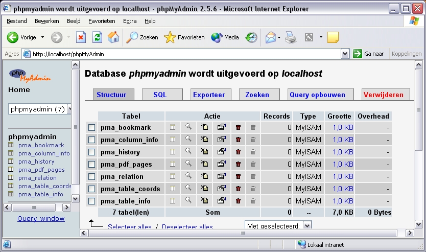 De phpmyadmin-database is gevuld