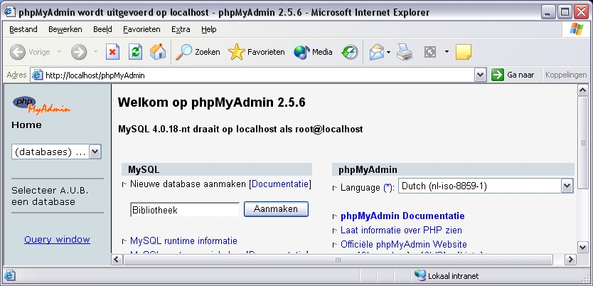 De Bibliotheek-database wordt aangemaakt m.b.v. phpMyAdmin