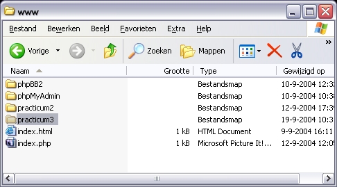 Kopieer de map Blok4 \ PHP_MySQL \ sourcecode \ practicum3 naar c:\ webserver \ www \ practicum3